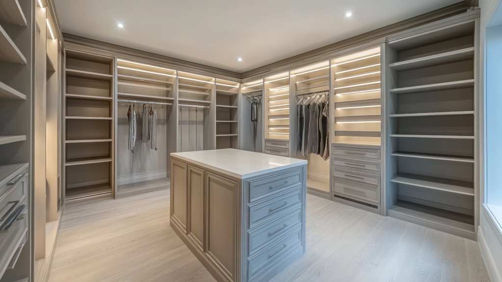 Custom Closet Walk In Light Grey soft lighting