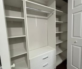 Custom reach-in closet project with drawers, chrome hardware in Land O' Lakes, Florida. Custom reach-in closet with drawers, chrome hardware in Land O' Lakes, Florida.