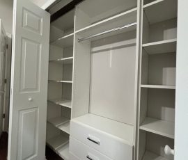 Custom reach-in closet project with drawers, chrome hardware in Land O' Lakes, Florida. Custom reach-in closet with drawers, chrome hardware in Land O' Lakes, Florida.