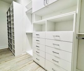 Custom walk-in closet project with doors, drawers in San Antonio, Florida. Custom walk-in closet with doors, drawers in San Antonio, Florida.