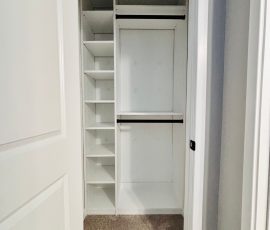 Custom reach-in closet project with black hardware in Zephyrhills, Florida. Custom reach-in closet with black hardware in Zephyrhills, Florida.
