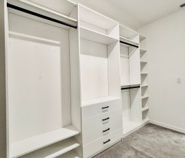 Custom walk-in closet project with drawers in Wesley Chapel, Florida. Custom walk-in closet with drawers in Wesley Chapel, Florida.