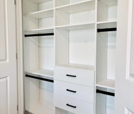 Custom reach-in closet project with drawers, black hardware in Wesley Chapel, Florida. Custom reach-in closet with drawers, black hardware in Wesley Chapel, Florida.