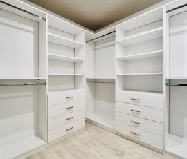 Custom walk-in closet project with drawers, chrome hardware in Lithia, Florida. Custom walk-in closet with drawers, chrome hardware in Lithia, Florida.