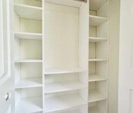Custom reach-in closet project with nickel hardware in Land O' Lakes, Florida. Custom reach-in closet with nickel hardware in Land O' Lakes, Florida.