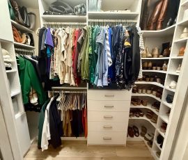 Custom walk-in closet project with doors, drawers, laundry hamper, corner shelves in Bartow, Florida. Custom walk-in closet with doors, drawers, laundry hamper, corner shelves in Bartow, Florida.