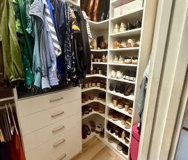 Custom walk-in closet project with doors, drawers, laundry hamper, corner shelves in Bartow, Florida. Custom walk-in closet with doors, drawers, laundry hamper, corner shelves in Bartow, Florida.