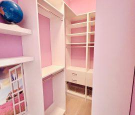 Custom walk-in closet project with drawers, wire baskets, chrome hardware in Tampa, Florida. Custom walk-in closet with drawers, wire baskets, chrome hardware in Tampa, Florida.