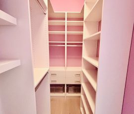 Custom walk-in closet project with drawers, wire baskets, chrome hardware in Tampa, Florida. Custom walk-in closet with drawers, wire baskets, chrome hardware in Tampa, Florida.