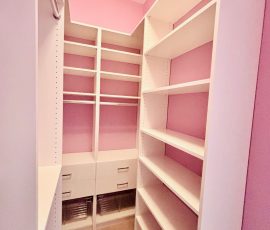 Custom walk-in closet project with drawers, wire baskets, chrome hardware in Tampa, Florida. Custom walk-in closet with drawers, wire baskets, chrome hardware in Tampa, Florida.