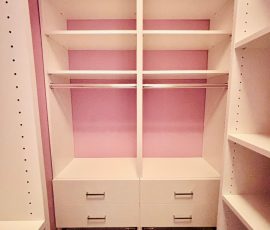 Custom walk-in closet project with drawers, wire baskets, chrome hardware in Tampa, Florida. Custom walk-in closet with drawers, wire baskets, chrome hardware in Tampa, Florida.